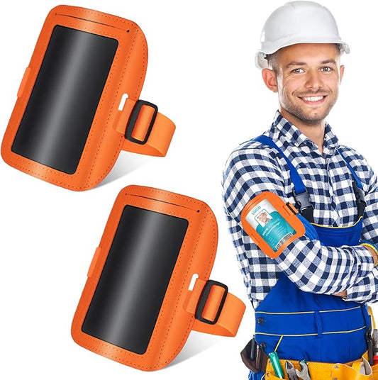 Geelin 2 Pcs Arm Badge Holder for Men Leather ID Armband Adjustable Badge Holder with Elastic Arm Band Waterproof Ski Pass Armband for Work Postcards Office Business Supplies(Orange)
