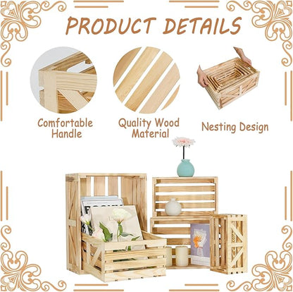 Wooden Crates for Display 5 Pack Wood Storage Crate for Home Rustic Nested Crates with Handles, Farmhouse Wooden Basket for Storage Container and Decorations