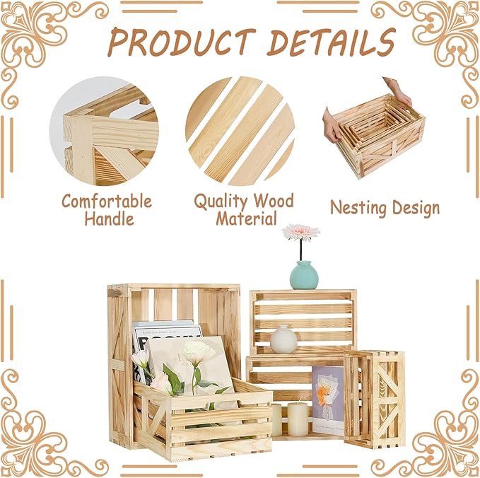 Wooden Crates for Display 5 Pack Wood Storage Crate for Home Rustic Nested Crates with Handles, Farmhouse Wooden Basket for Storage Container and Decorations XL