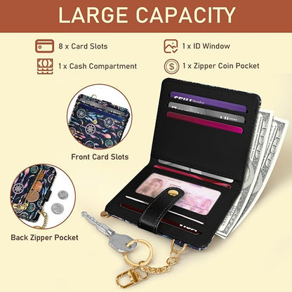 Jogjam Colorful Dream Catchers with Feathers Rfid Ladies Wallet, Small Credit Card Women Wallet, Boho Traditional Circular Net PU Leather Bifold Cash Zipper Coin Pocket for Female Blessing