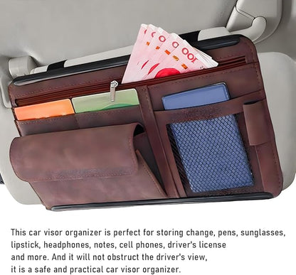 Yourkar Car Sun Visor Organizer, Soft Leather Surface Eyeglasses Note Card Holder Car Storage Bag, Scratch-Resistant Waterproof Auto Sunshade Organizer Bag, Car Accessories (Brown)