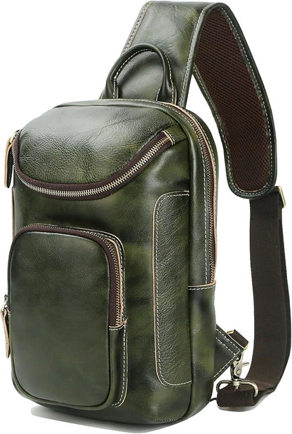 LANNSYNE Full Grain Leather Sling Bag For Men, Crossbody Chest Daypack Fits 10.5" iPad, Men’s Crossbody Bag