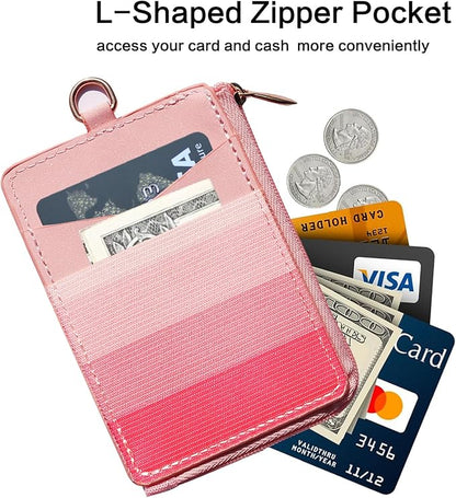 2-in-1 ID Badge Holder & Elastic Card Holder Wallet,Minimalist Men & Women Zip Card Holder Wallet with Neck Lanyard,3 Card Slots and 1 Side Zipper Pocket (Pink-B1)