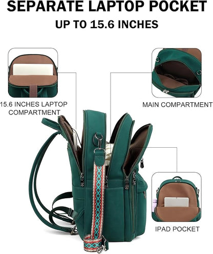 FADEON 15.6 inch Laptop Backpack Purse for Women Designer PU Leather Computer Backpacks Fashion for Work Travel Green