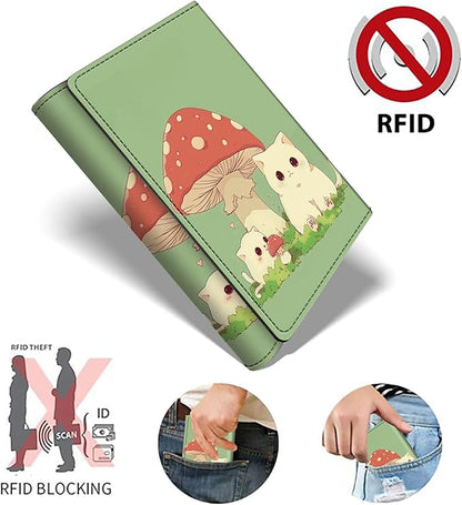 Mushroom Cat Minimalist Wallet for Men, Pop Up Card Case Wallet for Women, PU Leather Automatic Credit Card Holder Metal Money Clip Wallet RFID Blocking Bifold Pocket Wallet