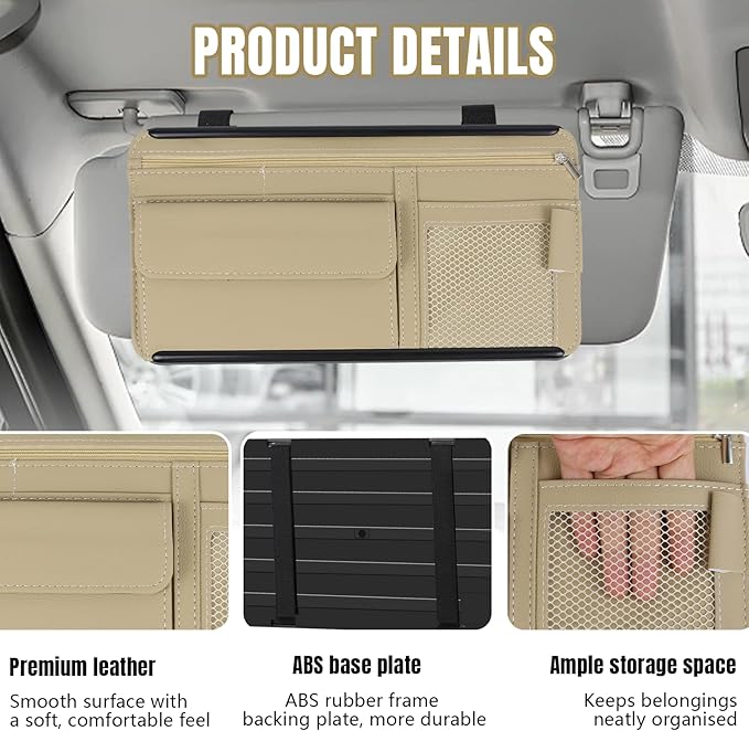 Hovom Car Visor Organizer, Leather Multi-Pocket Auto Sun Visor Storage Pouch with Sunglasses Holder, Card Holder, Zipper Pocket, Net Pocket, Pen Slot, Universal Interior Car Accessories (Beige)