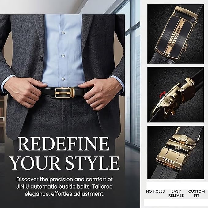 JINIU Men's Ratchet Belt Buckle, Black Genuine Leather Slide Belt for Men Dress Suit, Micro Adjustable Trim to Fit Boxed