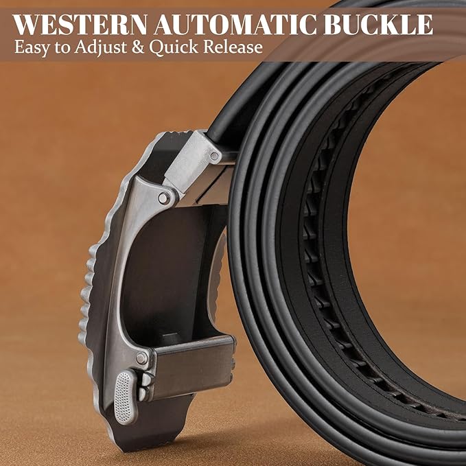 SANSTHS Western Cowboy Ratchet Belts for Men Women Leather Cowboy Belt with Automatic Western Buckle for Jeans Gifts