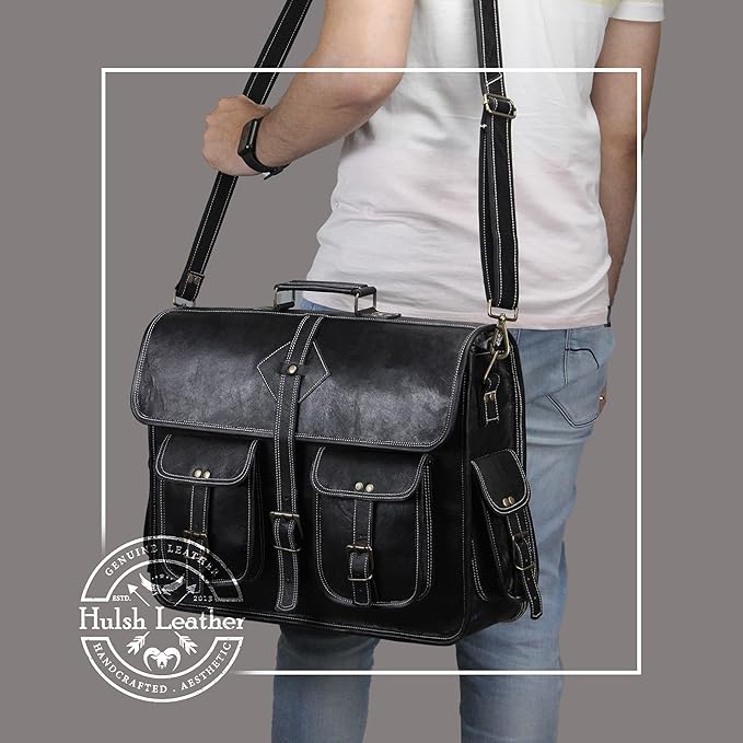 Vintage Leather Laptop Bag for Men Full Grain Large Leather Messenger bag for men 18 inches with rustic look Brown briefcase (Black)