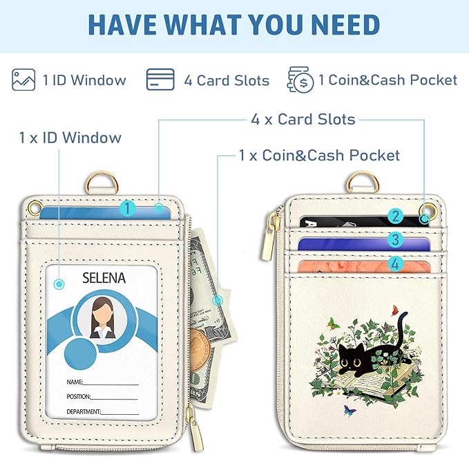 Piefly Black Cat Book Lanyard Wallet with ID Badge Holder, Small RFID Wallet Women Keychain Wristlet, Slim Credit Card Holder with Zipper Pocket Phone Lanyard Wrist Strap Name Tag Office Teacher Gift