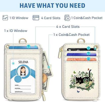 Piefly Black Cat Book Lanyard Wallet with ID Badge Holder, Small RFID Wallet Women Keychain Wristlet, Slim Credit Card Holder with Zipper Pocket Phone Lanyard Wrist Strap Name Tag Office Teacher Gift