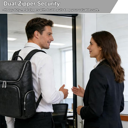 Genuine Leather Black Backpack - 15.6 Inch Business Laptop Backpack for Men & Women, Multi-Compartment Ergonomic Shoulder Bag for Office, Travel