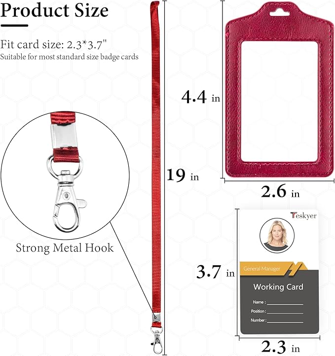 Teskyer 2 Pack Double Sided Clear Badge Holder with Lanyard, PU Leather ID Badge Name Card Holder with Stainless Steel J-Hook Nylon Lanyard for Work, School, Metro, Access, Wine Red