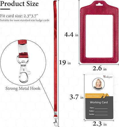 Teskyer 2 Pack Double Sided Clear Badge Holder with Lanyard, PU Leather ID Badge Name Card Holder with Stainless Steel J-Hook Nylon Lanyard for Work, School, Metro, Access, Wine Red