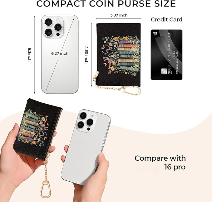 Book and Flower Keychain Coin Purse for Women, Small PU Leather Change Pouch, Zipper Little Tiny Travel Wallet for Girls, Cute Kawaii Zip Pocket Coin Holder with Key Ring
