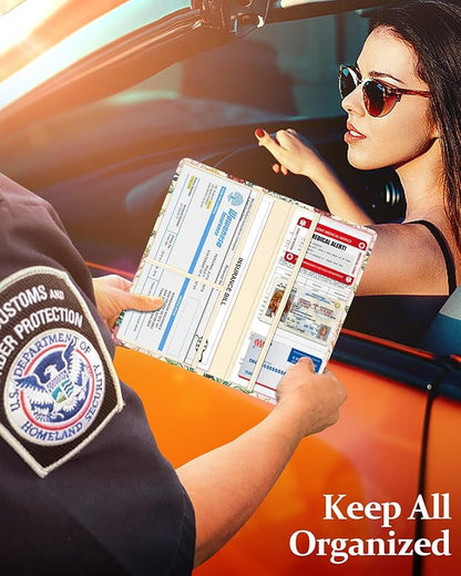 Slohif Car Registration and Insurance Card Holder with Magnetic Shut - Vehicle Glove Box Organizer Women Leather Automobile License Holders Coasters Auto Case for Document Flower Floral
