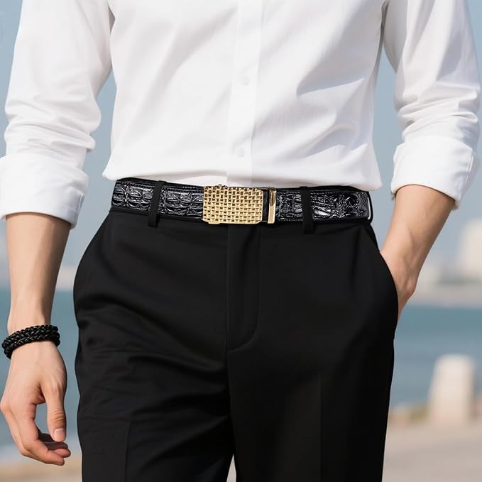 Dubulle Designer Mens Belts, Sliding Automatic Buckle Ratchet Dress Belt TOP Genuine Leather Strap Gifts