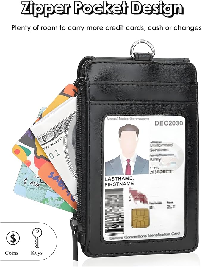 Teskyer ID Badge Holder with Lanyard, 1 Zip Pocket and 4 Card Slots, Lanyard ID Card Holder Wallet for Office School Work Badges, Cruise Ship Cards, Pass Cards - Black