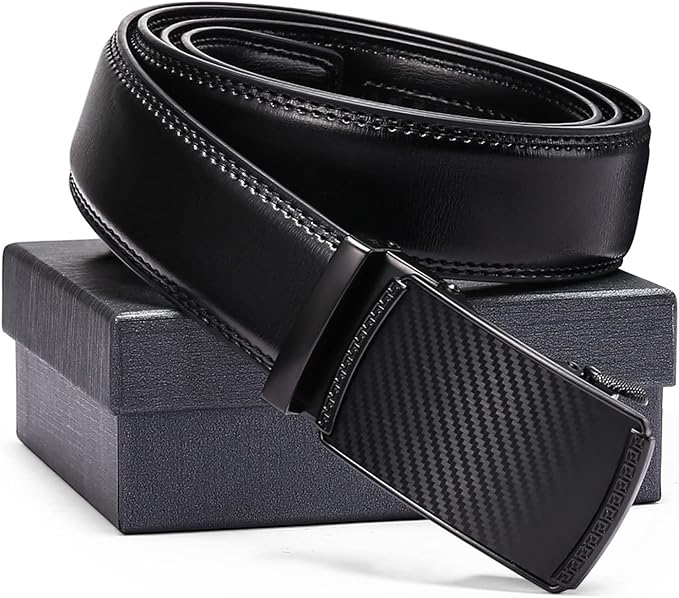 SENDEFN Men's Leather Belt Automatic Ratchet Buckle Slide Belt for Dress Casual Trim to Fit with Gift Box