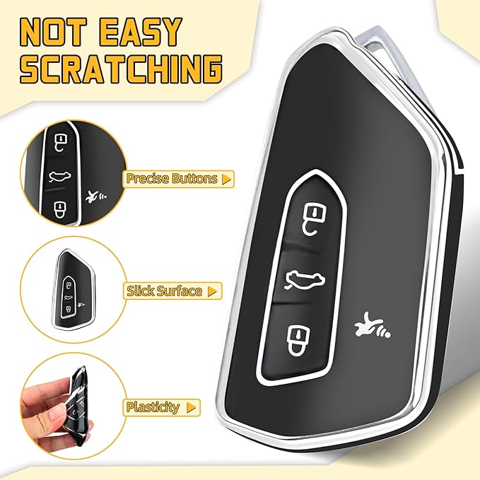 FT FUNTOR Key Fob Cover for Volkswagen,Soft TPU Full Protection Case Compatibale With VW Golf GTI Atlas Skoda Octavia ID3 ID4 MK8 (Black, 4 Buttons)