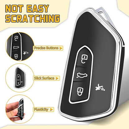 FT FUNTOR Key Fob Cover for Volkswagen,Soft TPU Full Protection Case Compatibale With VW Golf GTI Atlas Skoda Octavia ID3 ID4 MK8 (Black, 4 Buttons)