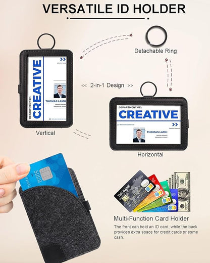 Genuine Badge Holder with Leather Lanyard, Soft Leather ID Card Holder with a Detachable Metal Clip, Clear Window, 2 Card Slots for Office & School IDs, Work Name Cards (Pitch-Black 03)