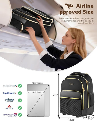 Arcoyard Rolling Backpack for Women, 17 inch Travel Laptop Wheeled Backpack with Anti Theft Zippers for Adults, Large Water Resistant Carryon Luggage Roller Bag Flight Approved for Work College, Black
