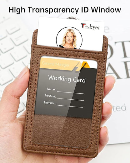 Teskyer Badge Holder with Lanyard, Leather ID Name Badge Card Holder with Lanyard for ID Badges, Vertical, Lychee Pattern Coffee