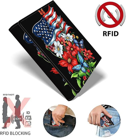 Minimalist Wallet for Men's Card Holders, Pop-Up Card Case Wallets for Women, Leather Automatic Credit Card Holder with Metal Money Clip RFID Blocking Bifold Pocket, National Flag Red Flowers