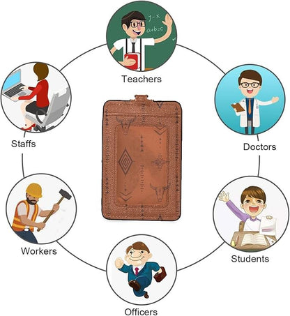 Badge Holder, Western Bull Boho PU Leather School College Business ID Badge Card Holder Wallet Case with 1 Clear Card Window, 2 Credit Card Slots and Detachable Neck Lanyard - Vertical