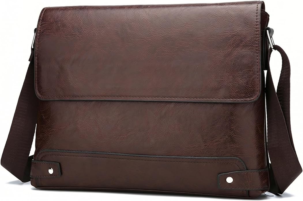 Vintage PU Leather Mens Messenger Bag - Slim Crossbody Shoulder Bag for Work, Travel & Daily Commute Casual Tablet Satchel