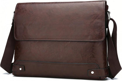 Vintage PU Leather Mens Messenger Bag - Slim Crossbody Shoulder Bag for Work, Travel & Daily Commute Casual Tablet Satchel