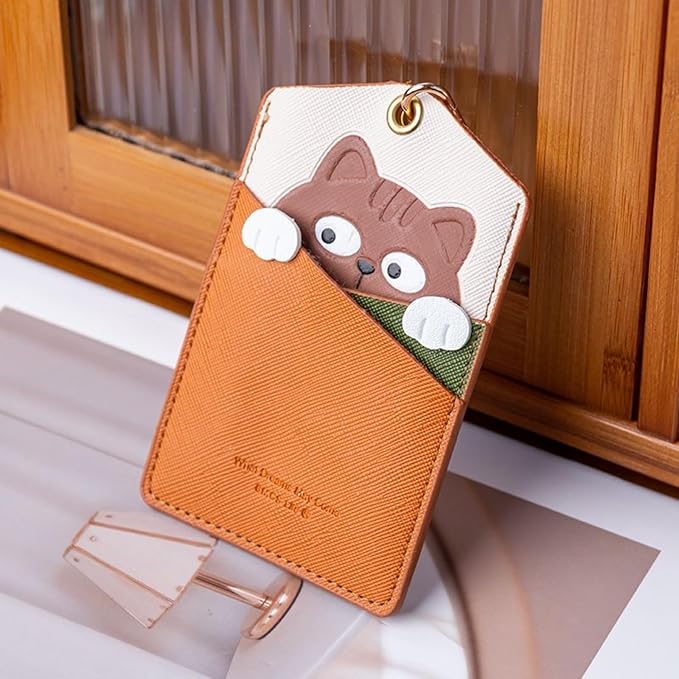 PU Leather ID Badge Holder with Keychain - Cartoon Animal Cute ID Badge Holder, 3 Card Slots for Professionals, Students, Nurse Officer, School Women Girls Boys (Brown)