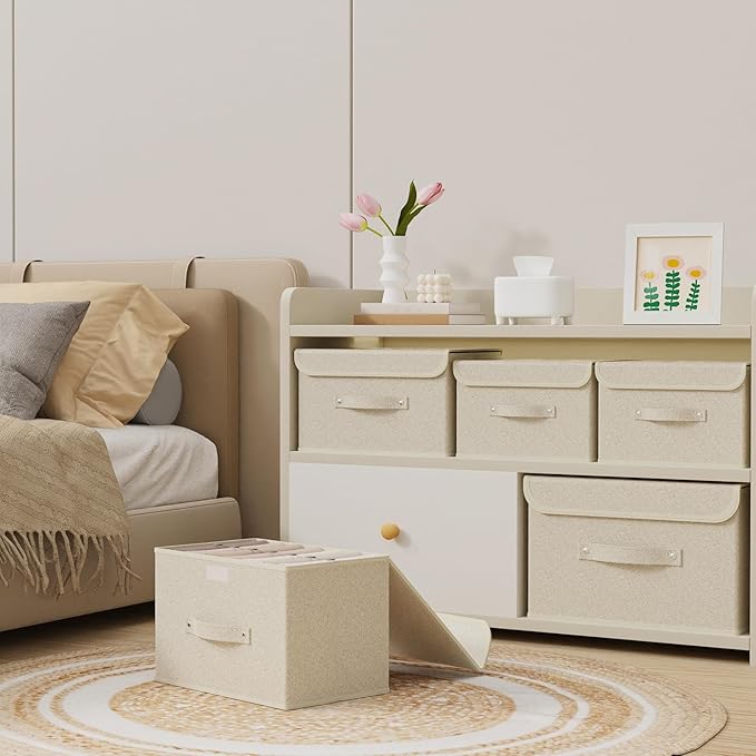 Fabric Storage Bins Cube Organizers with Flip-Top Lid and Handles,Storage Boxes for Organizing Home,Office,and Closet,Grey and Beige,5 Pack 15 x 9.8 x 9.8 in