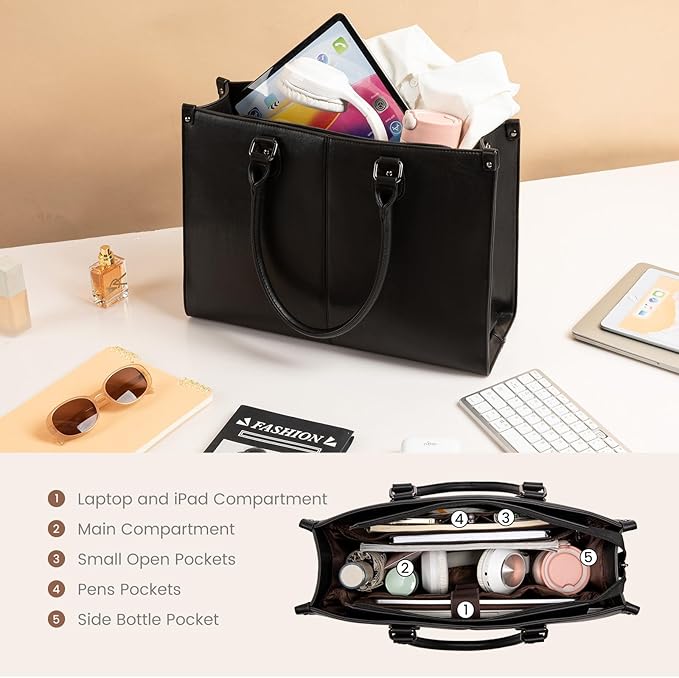 LOVEVOOK Laptop Tote Bag for Women, 17.3 Inch Large Capacity Vintage Leather Work Computer Bag, Business Casual Shoulder Handbag, Black