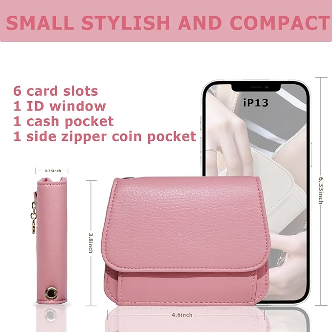 Women Small Wallet RFID Blocking Slim Wallet with Coin Pocket Tri-Fold Credit Card Holder with ID Window and Keychain(Pink)