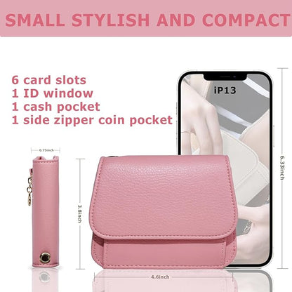 Women Small Wallet RFID Blocking Slim Wallet with Coin Pocket Tri-Fold Credit Card Holder with ID Window and Keychain(Pink)
