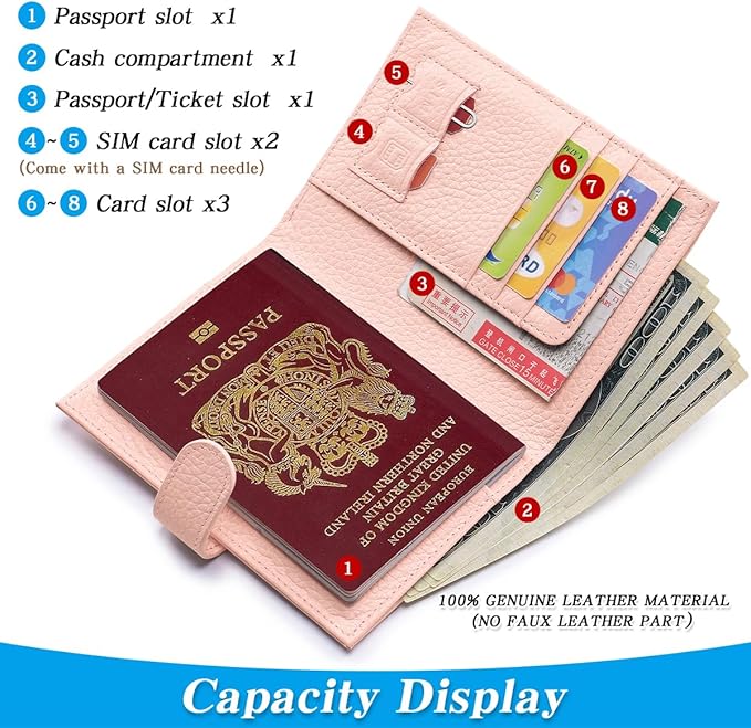 Passport Holder for Travel Women RFID Blocking Genuine Leather Passport Wallet with Card Slots, Zipper Coins Pocket, Cash Holder, Pink