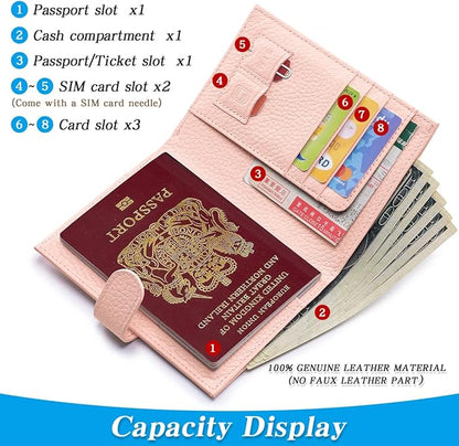 Passport Holder for Travel Women RFID Blocking Genuine Leather Passport Wallet with Card Slots, Zipper Coins Pocket, Cash Holder, Pink