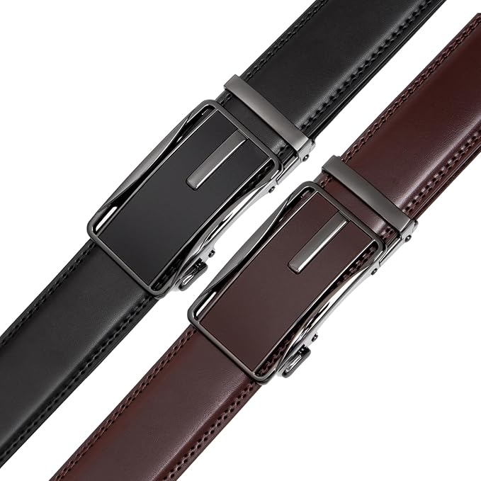 2 Pack Ratchet Belt 1 3/8", Mens leather Dress Belt in Gift Set Size 28"-62" Adjustable waist Trim to Fit