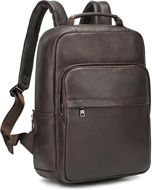 Durable Genuine Leather Backpack - 15.6 Inch Laptop Bag for Business Commute & Travel, Large Capacity Multi-Pocket Backpack for Men/Women, Coffee