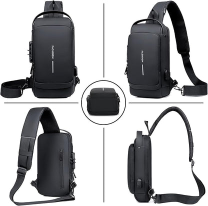 Sling Bag for Men Anti-theft USB Crossbody Shoulder Backpack Purse Waterproof PU Leather Chest Bag Travel Daily Use