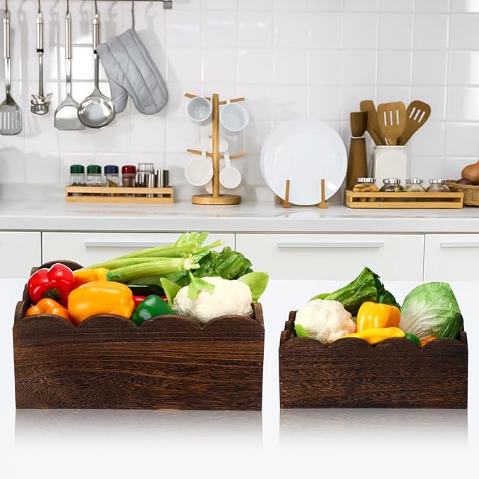 Beeveer 4 Pcs Scalloped Baskets with Handle 4 Size Wooden Countertop Storage Box Multipurpose Fruit Vegetable Crate Rectangular Decorative Serving Tray Organizer for Kitchen Bathroom Home Decor(Brown)