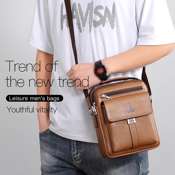 Messenger Bag for Men Crossbody Shoulder Purse Small Vintage PU Leather Satchel Pouch Side Crossover Handbag