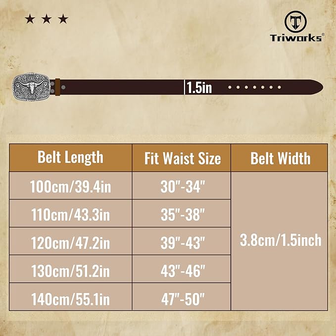 TRIWORKS Western Belt for Men Women Cowboy Engraved Belt Western Buckle Embossed Leather Belt