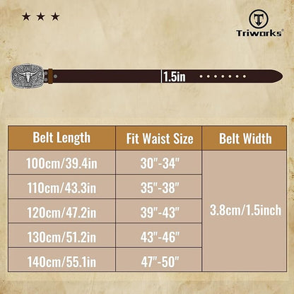 TRIWORKS Western Belt for Men Women Cowboy Engraved Belt Western Buckle Embossed Leather Belt