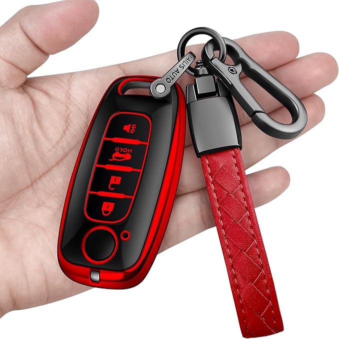 Sindeda for Nissan Key Fob Cover with Keychain Soft Full Protection Key Shell Key Case Compatible with 2023 2024 2025 Pathfinder Kicks Rouge(Red, 4 Buttons-B)