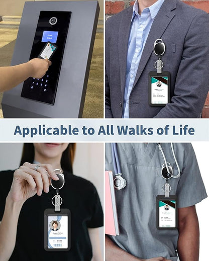 Uniclife 3 Pack Sliding Badge Holder Hard Black Vertical Plastic Card Case Protector with Retractable Badge Reel Carabiner for Office School ID Credit Proximity Key Card Driver’s License and Pass