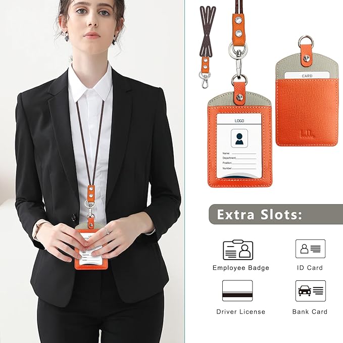 Badge Holder: Boshiho Cowhide Leather ID Badge Card Holder with 19" Neck Lanyard, Vertical Style (Orange-Light Gray)