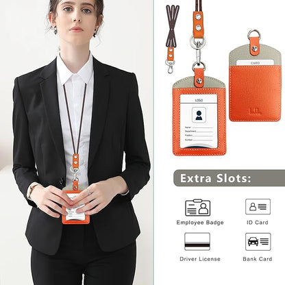 Badge Holder: Boshiho Cowhide Leather ID Badge Card Holder with 19" Neck Lanyard, Vertical Style (Orange-Light Gray)